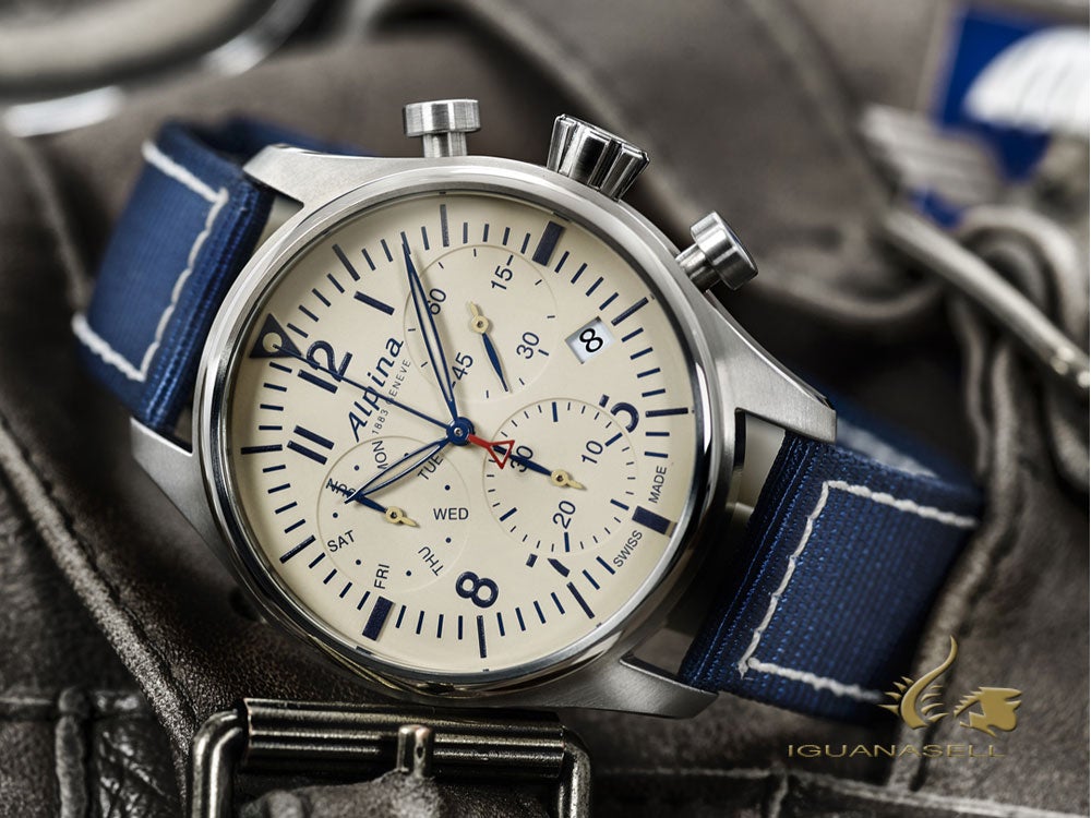 Reloj de Cuarzo Alpina Startimer Pilot Chronograph, Beige, Azul, Día y fecha